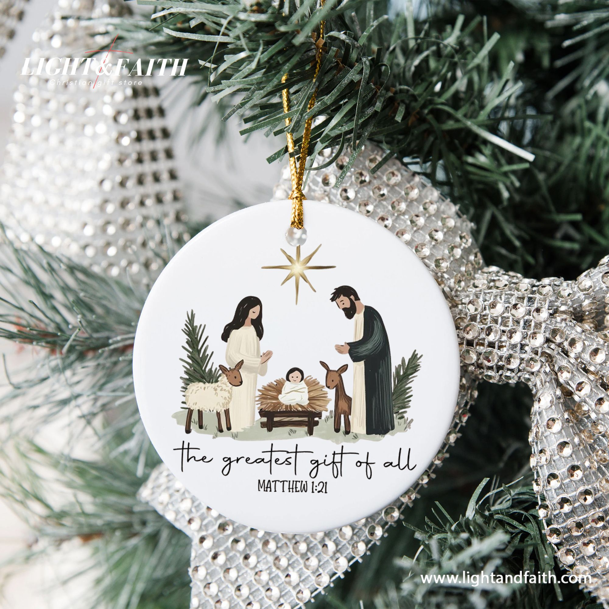 Minimalist Nativity Scene Christmas Ornament, Greatest Gift of All Matthew 1:21, Christian Holiday Decoration, Religious Xmas Tree Decor DCLAF43